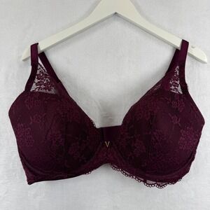 Victorias‎ Secret Plunge Bra 40F Dark Plum Burgundy Floral Lace Underwire V-Gold